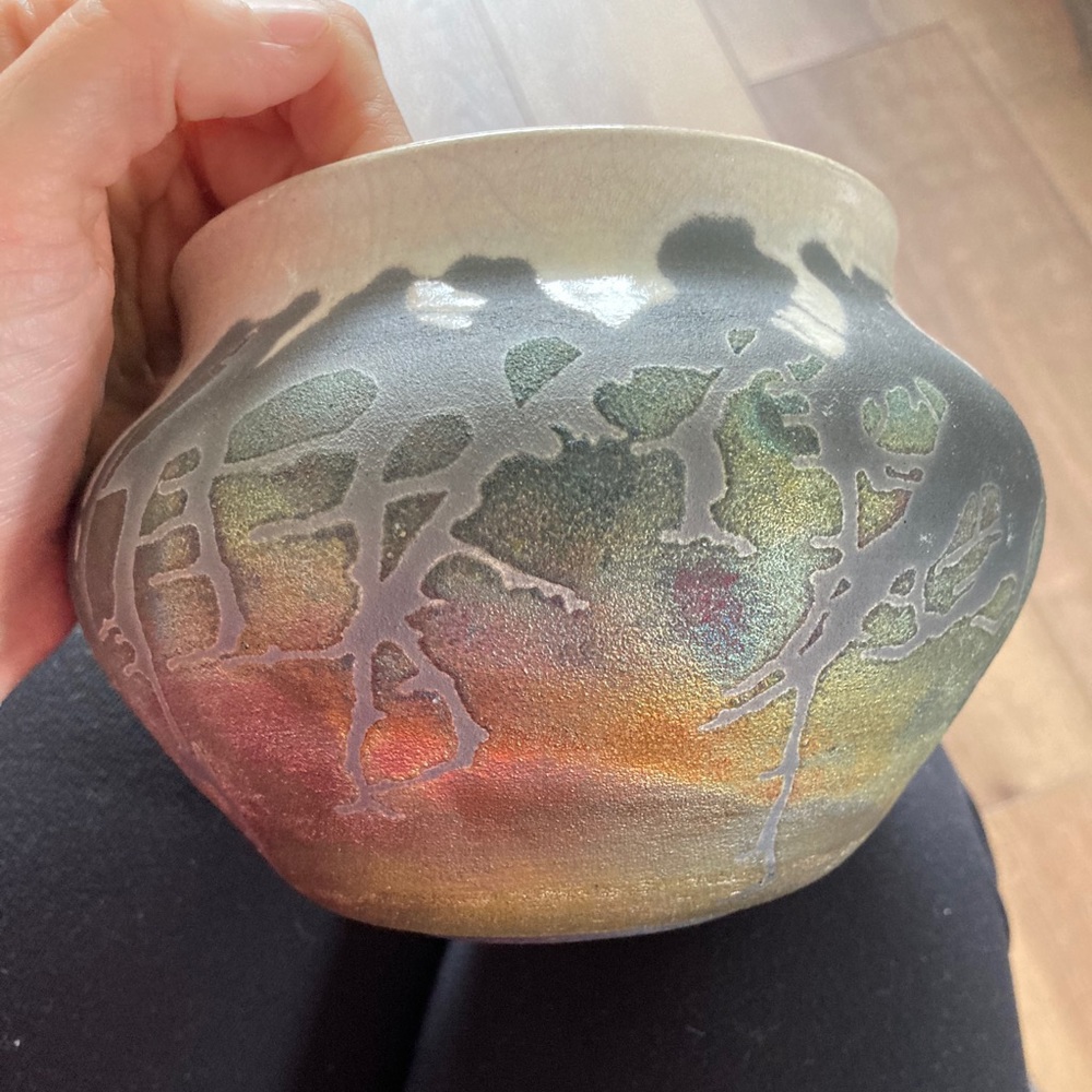 Vintage Raku Iridescent Wide Mouth Ceramic Vase - Picture 2 of 8